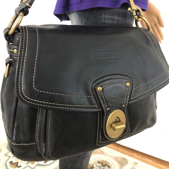 Coach Black Leather Fold-over Flap Turn-lock Hobo Shoulder Purse Bag - Picture 8 of 13